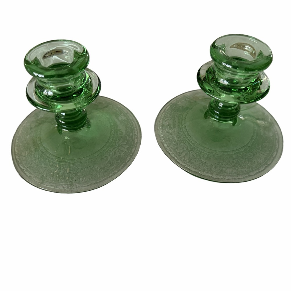 Fostoria Royal Green Depression Glass Candlestick Holders - Picture 3 of 4